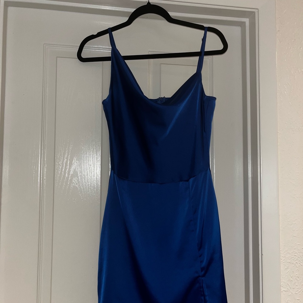 Royal Blue Asymmetrical Neckline Mini Dress